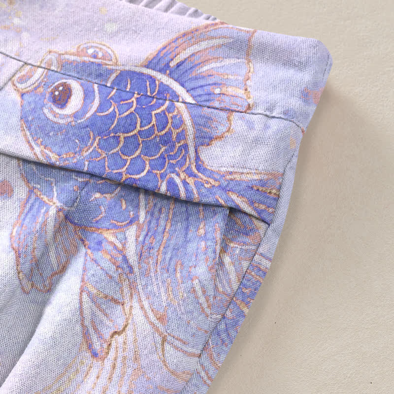 Nimara Ritual Cotton Linen Koi Fish Floral Pattern Women's Elastic Waist Wide Leg Pants With Pockets