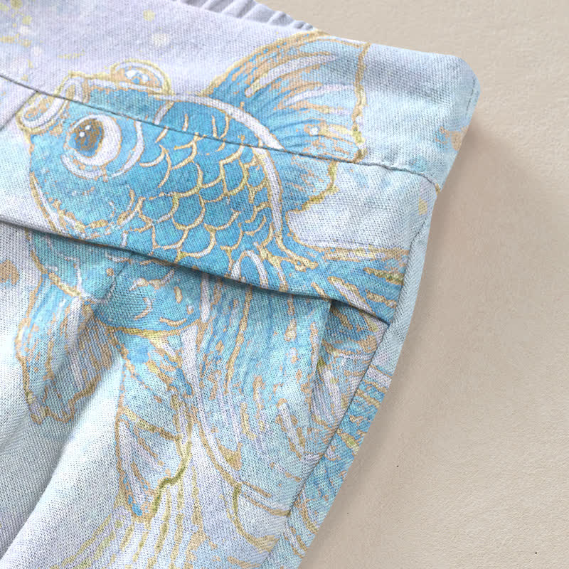 Nimara Ritual Cotton Linen Koi Fish Floral Pattern Women's Elastic Waist Wide Leg Pants With Pockets
