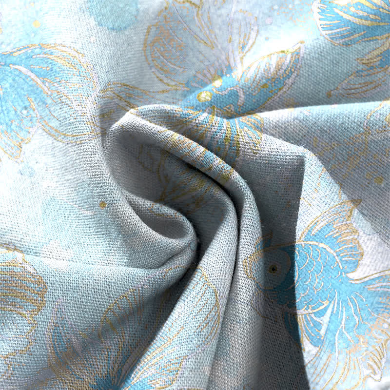 Nimara Ritual Cotton Linen Koi Fish Floral Pattern Women's Elastic Waist Wide Leg Pants With Pockets