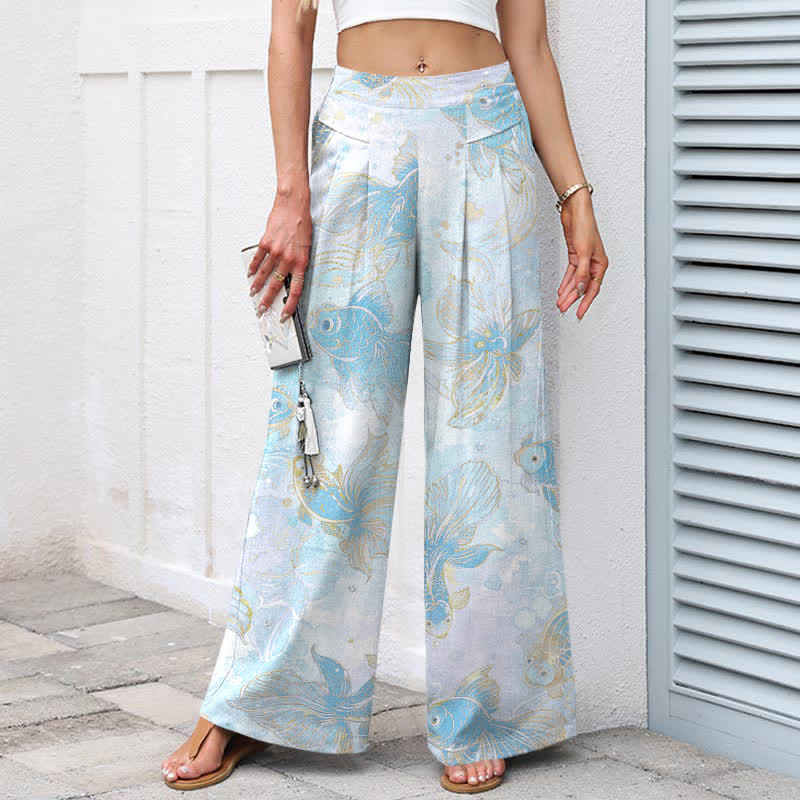Nimara Ritual Cotton Linen Koi Fish Floral Pattern Women's Elastic Waist Wide Leg Pants With Pockets