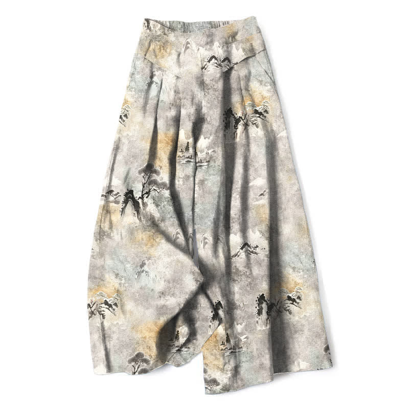 Nimara Ritual Cotton Linen Ink Wash Pattern Women's Elastic Waist Wide Leg Pants With Pockets