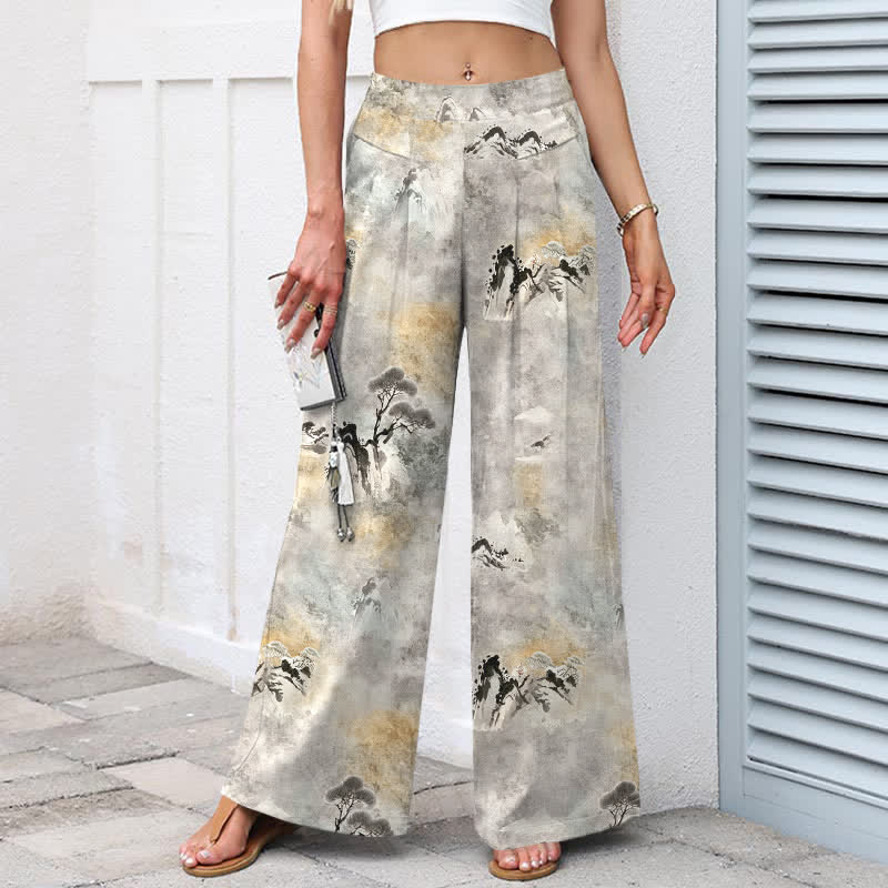 Nimara Ritual Cotton Linen Ink Wash Pattern Women's Elastic Waist Wide Leg Pants With Pockets