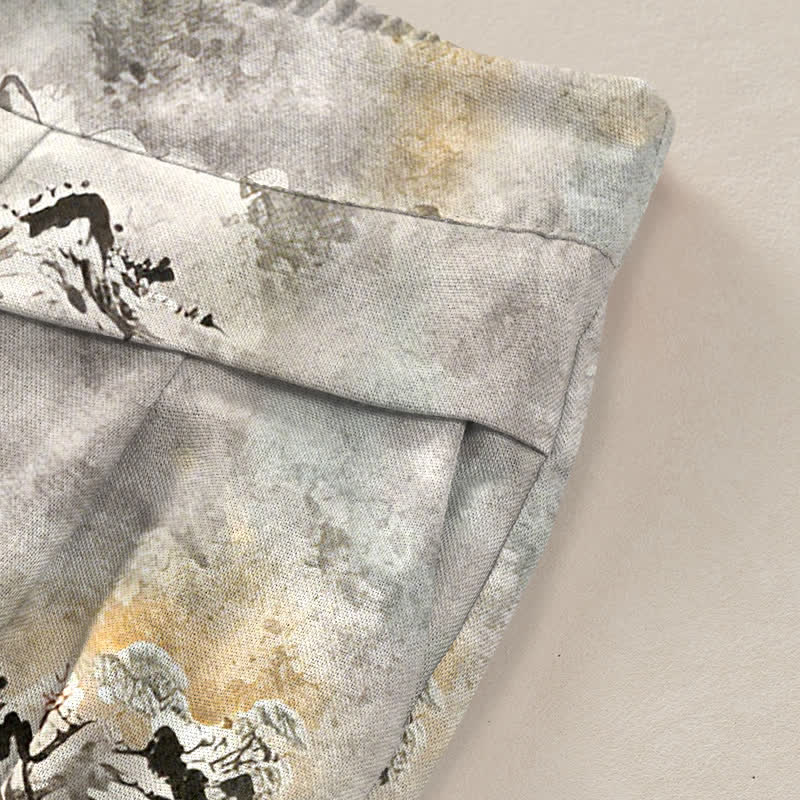 Nimara Ritual Cotton Linen Ink Wash Pattern Women's Elastic Waist Wide Leg Pants With Pockets