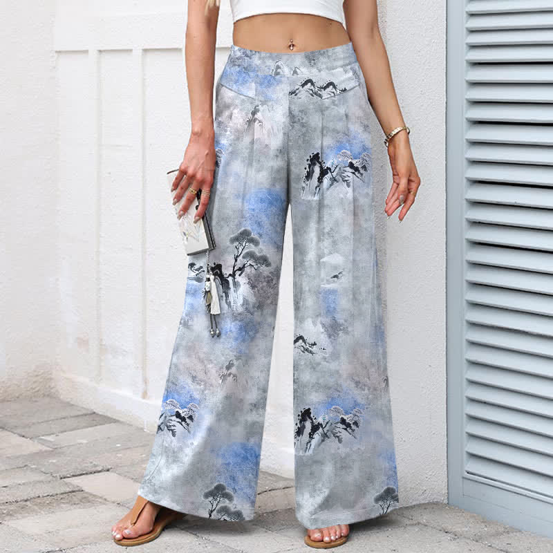 Nimara Ritual Cotton Linen Ink Wash Pattern Women's Elastic Waist Wide Leg Pants With Pockets