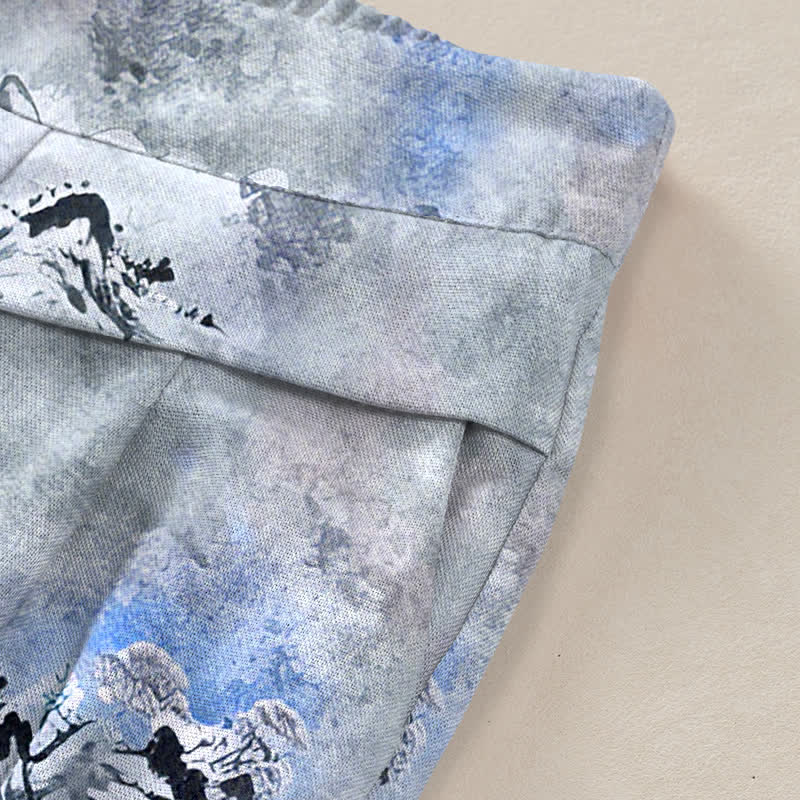 Nimara Ritual Cotton Linen Ink Wash Pattern Women's Elastic Waist Wide Leg Pants With Pockets