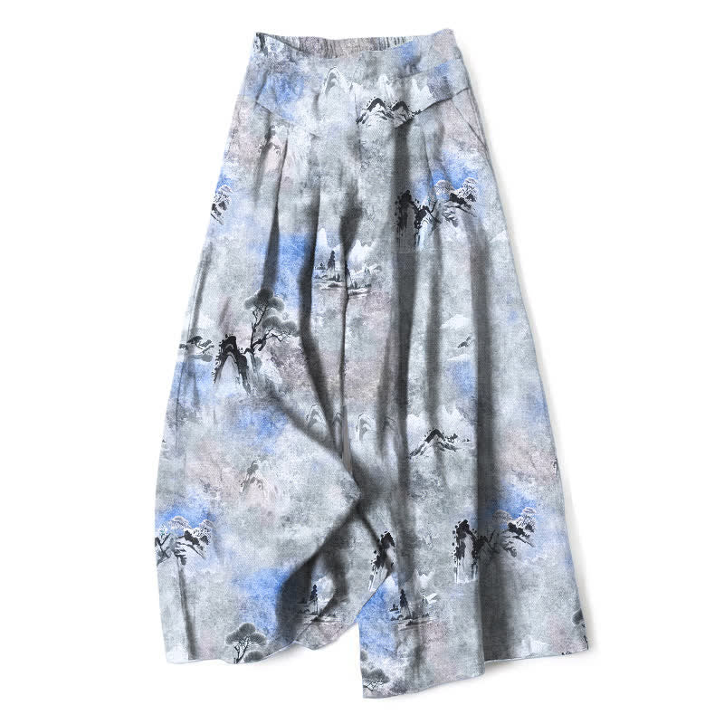 Nimara Ritual Cotton Linen Ink Wash Pattern Women's Elastic Waist Wide Leg Pants With Pockets