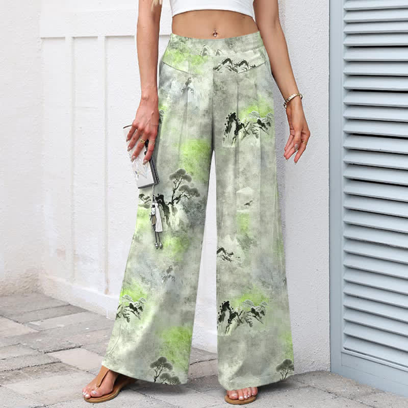 Nimara Ritual Cotton Linen Ink Wash Pattern Women's Elastic Waist Wide Leg Pants With Pockets