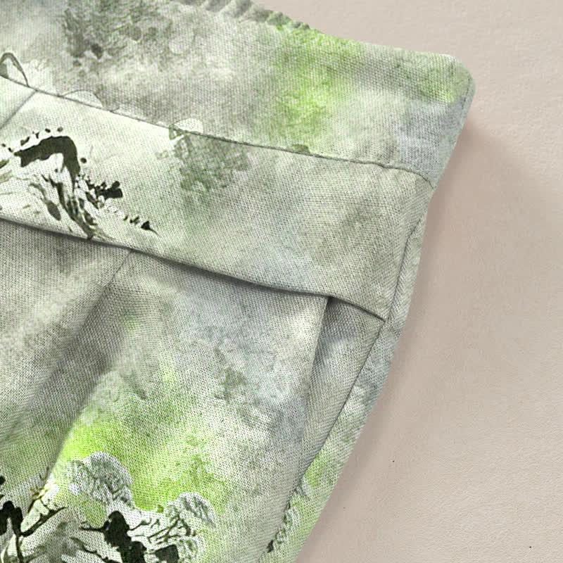 Nimara Ritual Cotton Linen Ink Wash Pattern Women's Elastic Waist Wide Leg Pants With Pockets