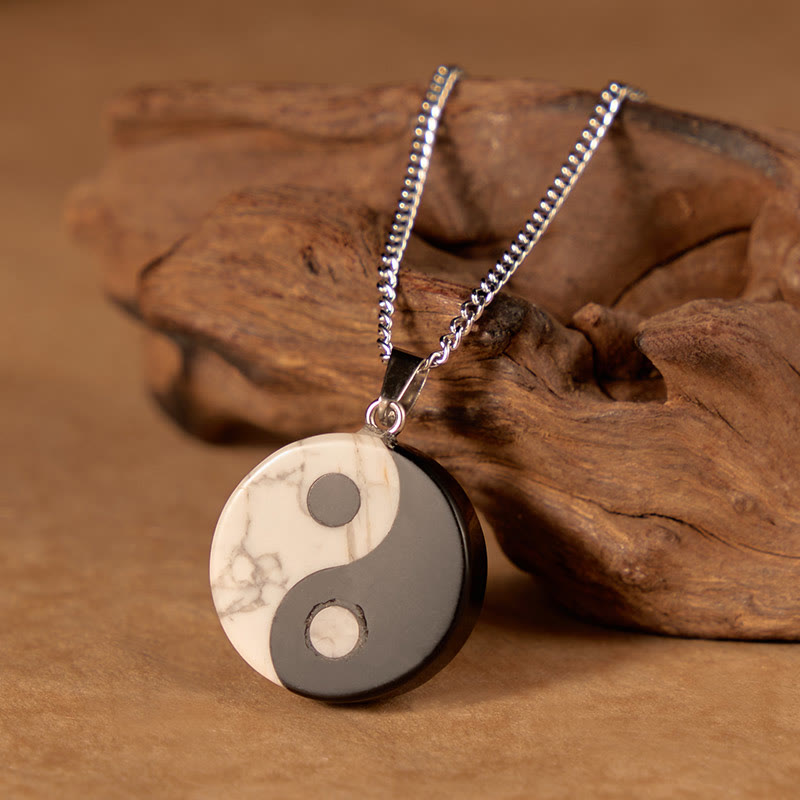 Strength and Fulfillment Natural Black Obsidian White Turquoise Yin Yang Tai Chi Necklace