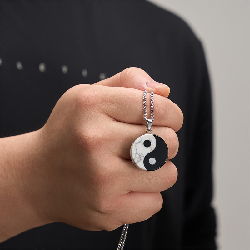 Strength and Fulfillment Natural Black Obsidian White Turquoise Yin Yang Tai Chi Necklace