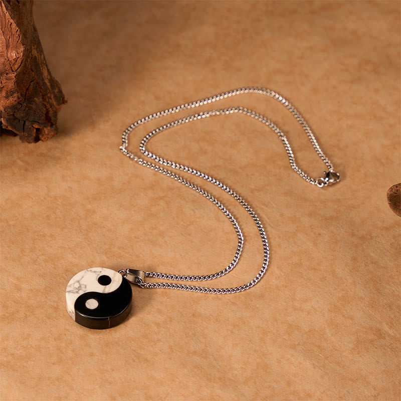 Strength and Fulfillment Natural Black Obsidian White Turquoise Yin Yang Tai Chi Necklace
