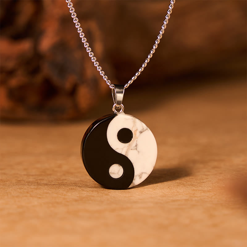 Strength and Fulfillment Natural Black Obsidian White Turquoise Yin Yang Tai Chi Necklace