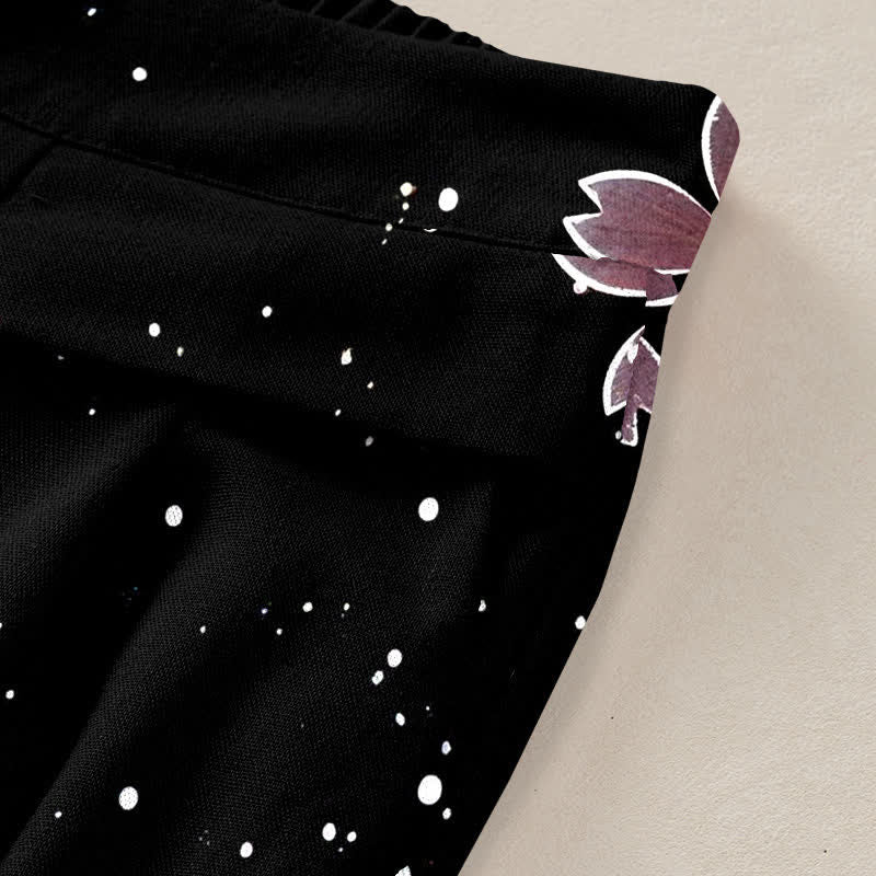 Nimara Ritual Cotton Linen Black Sakura Pattern Women's Elastic Waist Wide Leg Pants With Pockets
