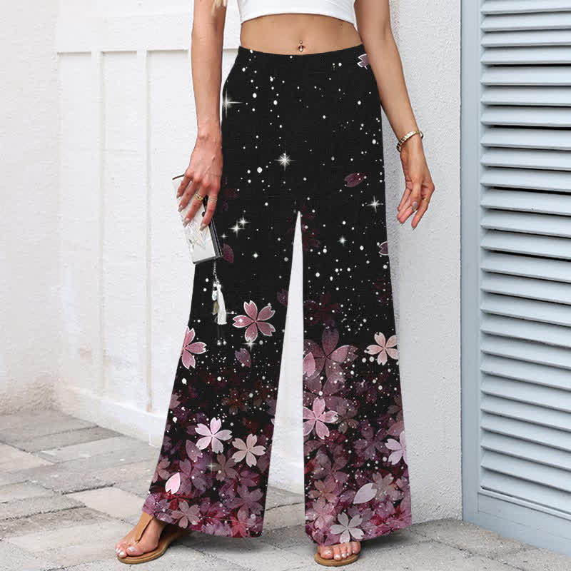 Nimara Ritual Cotton Linen Black Sakura Pattern Women's Elastic Waist Wide Leg Pants With Pockets