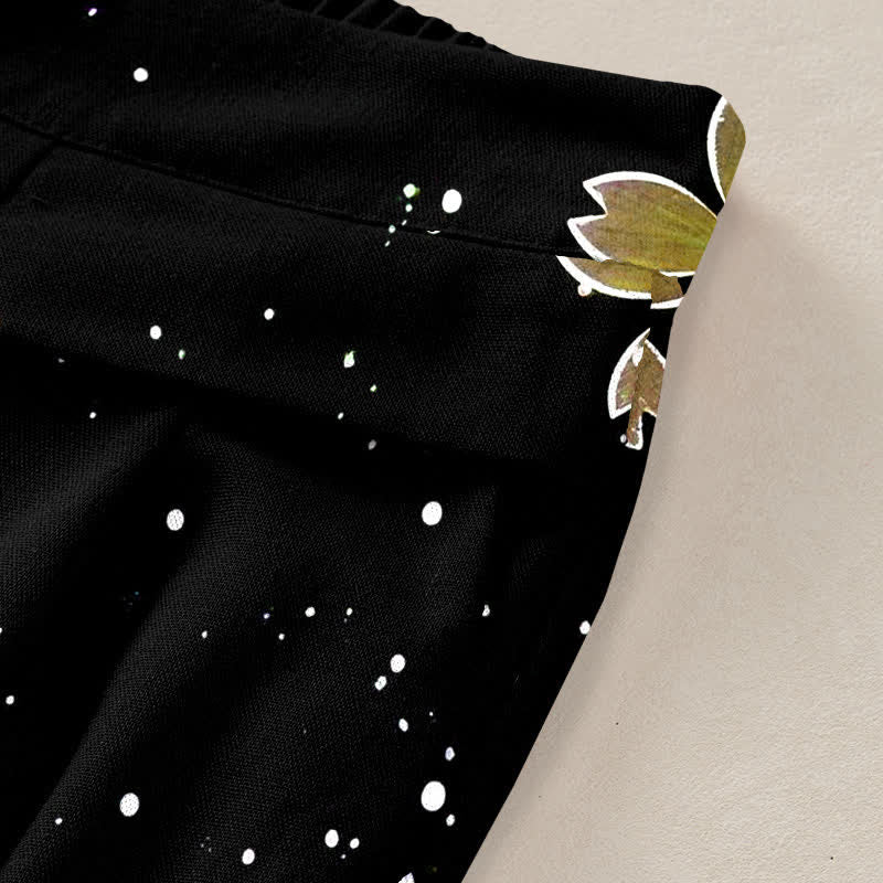 Nimara Ritual Cotton Linen Black Sakura Pattern Women's Elastic Waist Wide Leg Pants With Pockets