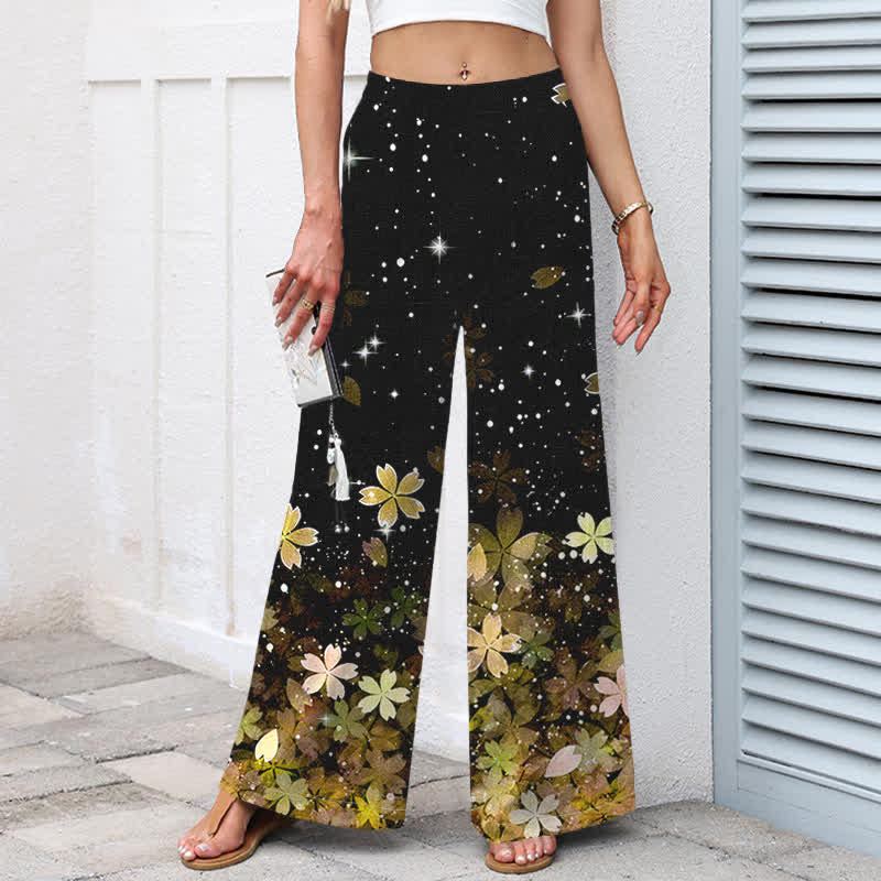 Nimara Ritual Cotton Linen Black Sakura Pattern Women's Elastic Waist Wide Leg Pants With Pockets