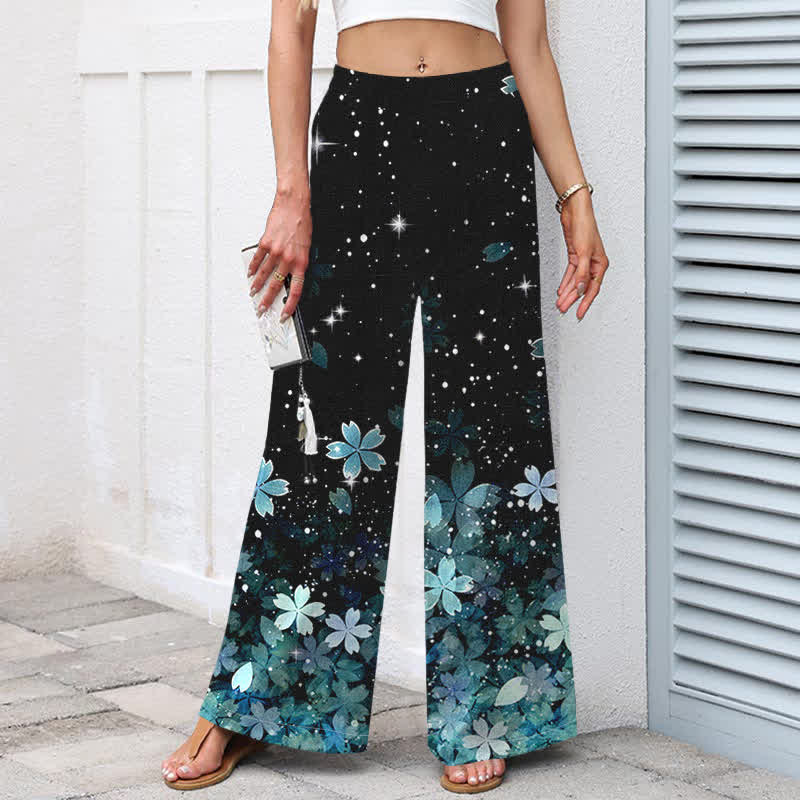 Nimara Ritual Cotton Linen Black Sakura Pattern Women's Elastic Waist Wide Leg Pants With Pockets