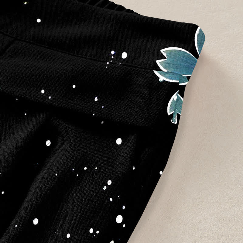 Nimara Ritual Cotton Linen Black Sakura Pattern Women's Elastic Waist Wide Leg Pants With Pockets