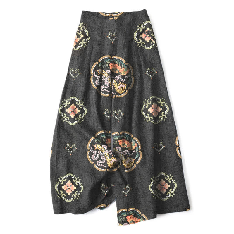 Nimara Ritual Cotton Linen Bohemian Medallion Pattern Women's Elastic Waist Wide Leg Pants With Pockets