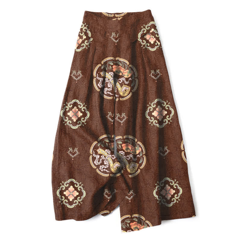 Nimara Ritual Cotton Linen Bohemian Medallion Pattern Women's Elastic Waist Wide Leg Pants With Pockets