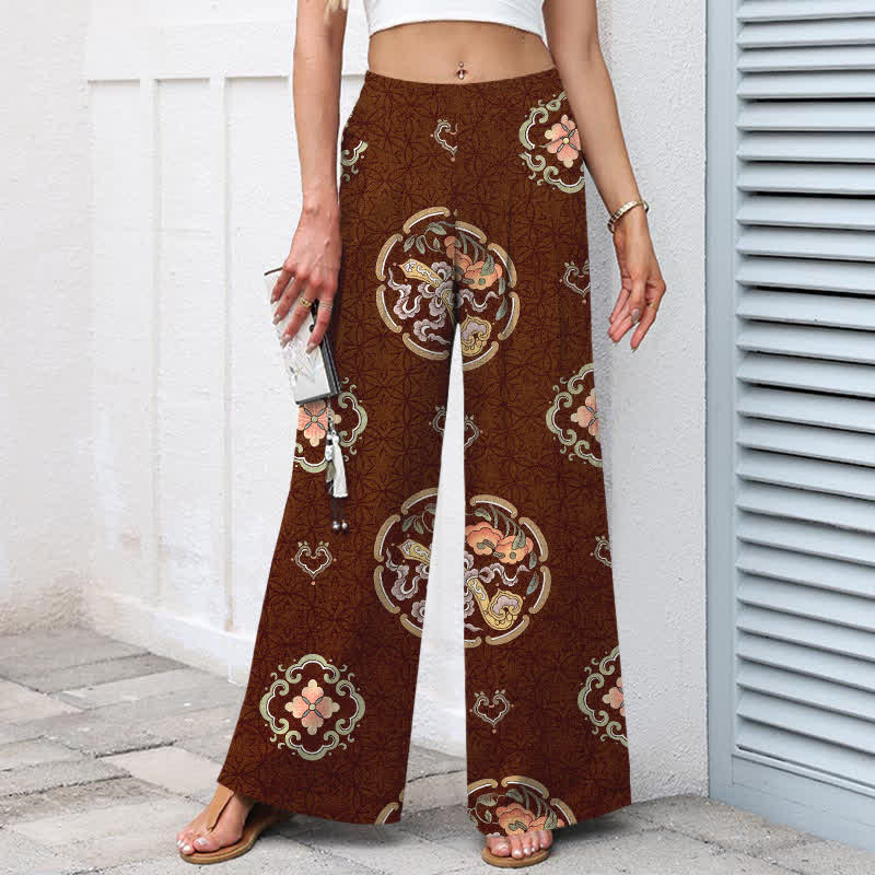 Nimara Ritual Cotton Linen Bohemian Medallion Pattern Women's Elastic Waist Wide Leg Pants With Pockets