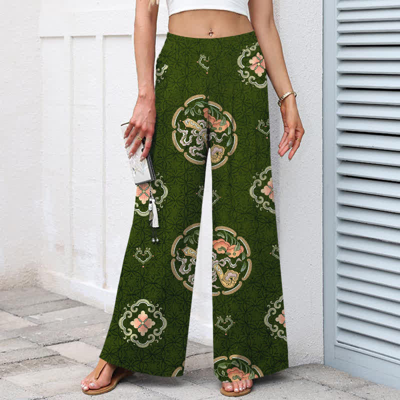 Nimara Ritual Cotton Linen Bohemian Medallion Pattern Women's Elastic Waist Wide Leg Pants With Pockets