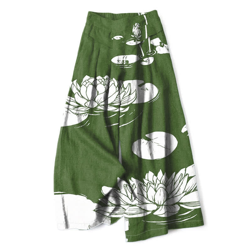 Nimara Ritual Cotton Linen Lotus Leaf Pattern Women's Elastic Waist Wide Leg Pants With Pockets