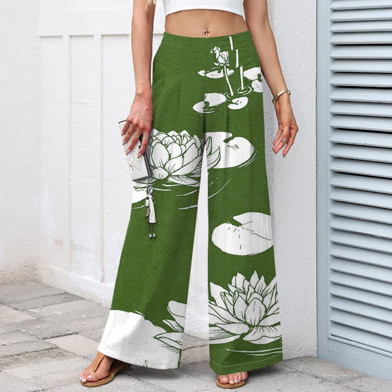 Nimara Ritual Cotton Linen Lotus Leaf Pattern Women's Elastic Waist Wide Leg Pants With Pockets