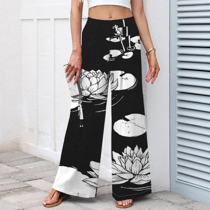 Nimara Ritual Cotton Linen Lotus Leaf Pattern Women's Elastic Waist Wide Leg Pants With Pockets