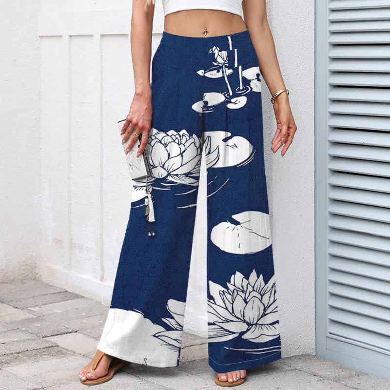 Nimara Ritual Cotton Linen Lotus Leaf Pattern Women's Elastic Waist Wide Leg Pants With Pockets