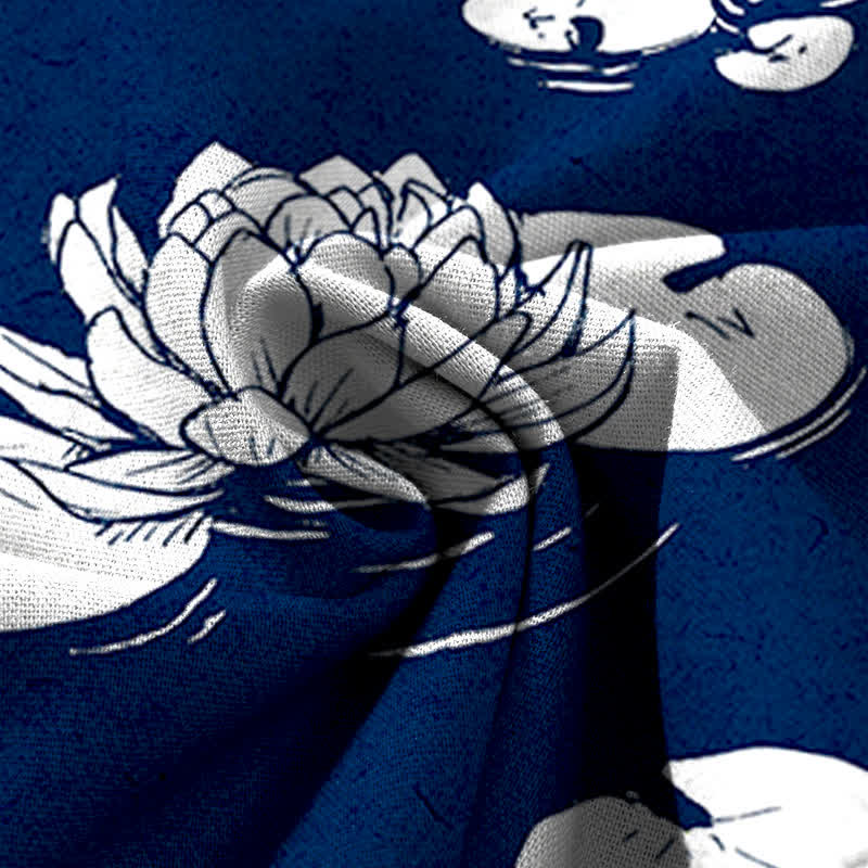 Nimara Ritual Cotton Linen Lotus Leaf Pattern Women's Elastic Waist Wide Leg Pants With Pockets