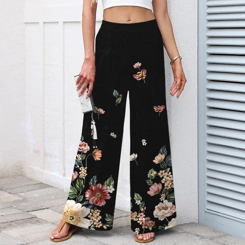 Nimara Ritual Cotton Linen Bohemian Floral Pattern Women's Elastic Waist Wide Leg Pants With Pockets