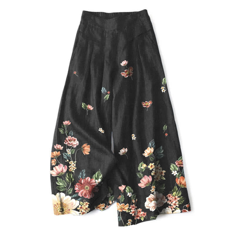 Nimara Ritual Cotton Linen Bohemian Floral Pattern Women's Elastic Waist Wide Leg Pants With Pockets