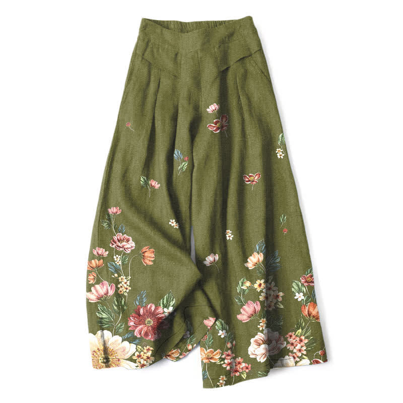 Nimara Ritual Cotton Linen Bohemian Floral Pattern Women's Elastic Waist Wide Leg Pants With Pockets