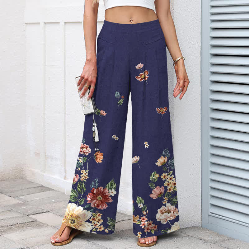 Nimara Ritual Cotton Linen Bohemian Floral Pattern Women's Elastic Waist Wide Leg Pants With Pockets
