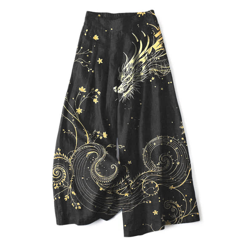 Nimara Ritual Cotton Linen Dragon Wave Pattern Women's Elastic Waist Wide Leg Pants With Pockets