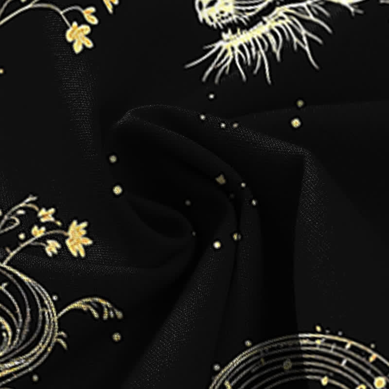 Nimara Ritual Cotton Linen Dragon Wave Pattern Women's Elastic Waist Wide Leg Pants With Pockets