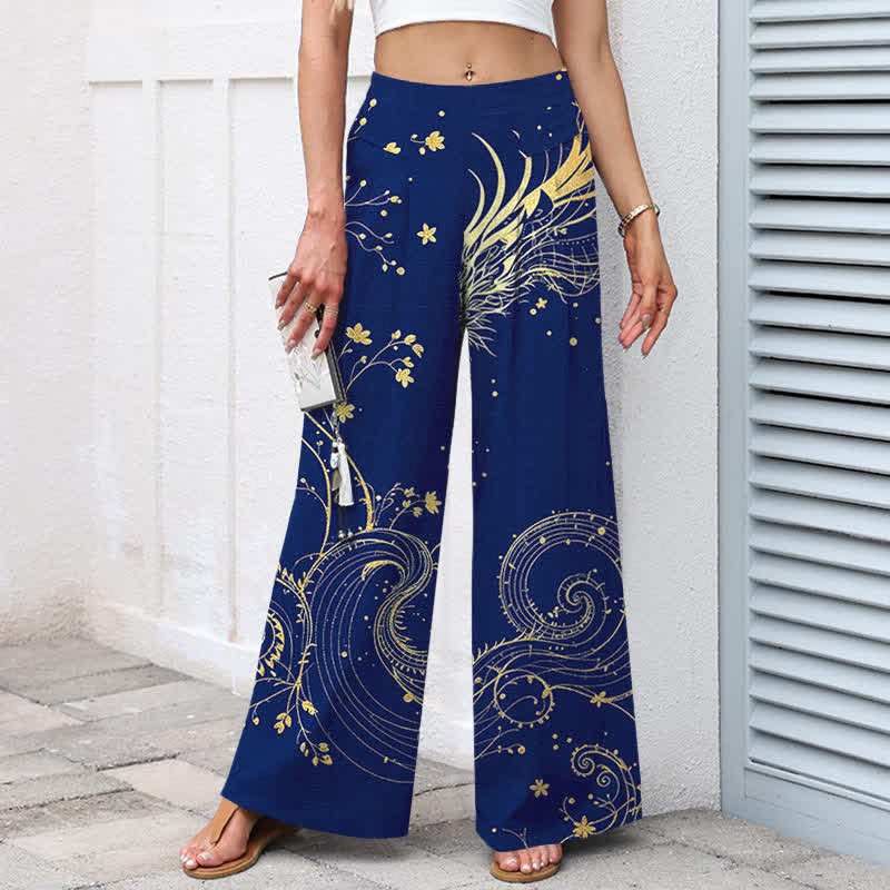 Nimara Ritual Cotton Linen Dragon Wave Pattern Women's Elastic Waist Wide Leg Pants With Pockets