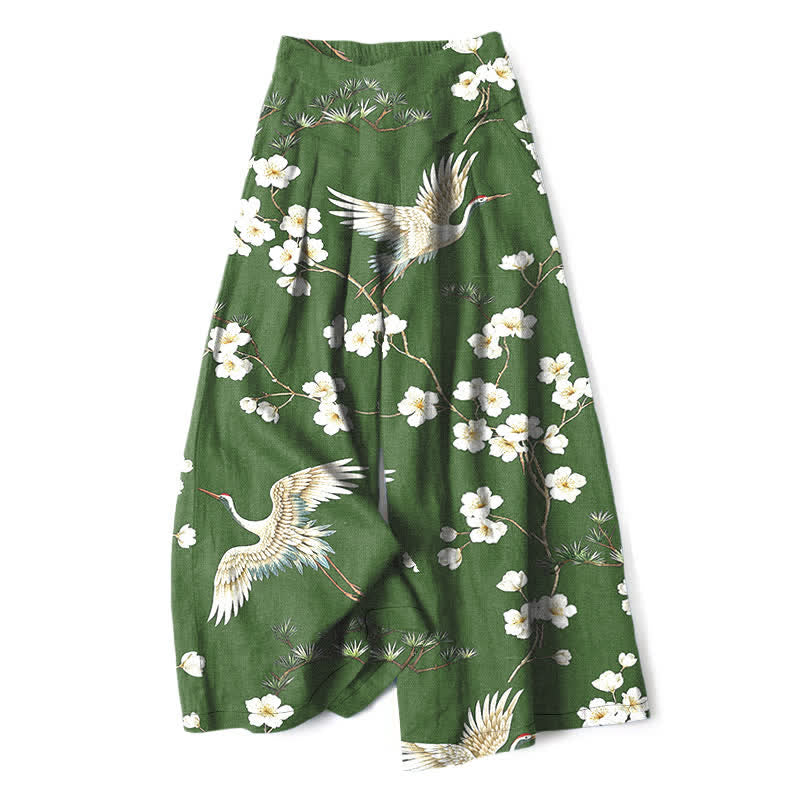 Nimara Ritual Cotton Linen Crane Floral Pattern Women's Elastic Waist Wide Leg Pants With Pockets