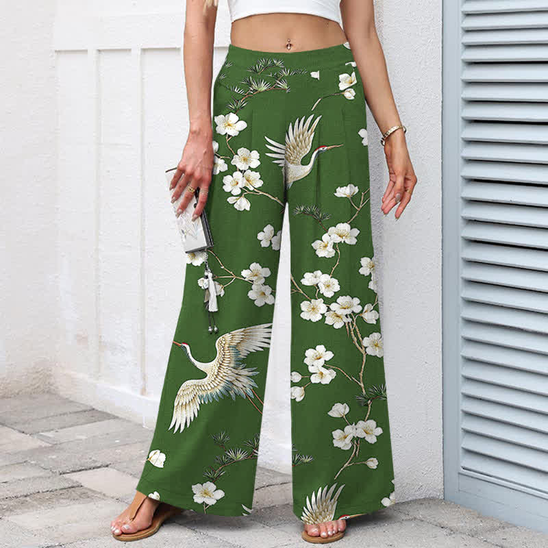 Nimara Ritual Cotton Linen Crane Floral Pattern Women's Elastic Waist Wide Leg Pants With Pockets