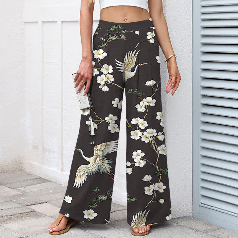 Nimara Ritual Cotton Linen Crane Floral Pattern Women's Elastic Waist Wide Leg Pants With Pockets
