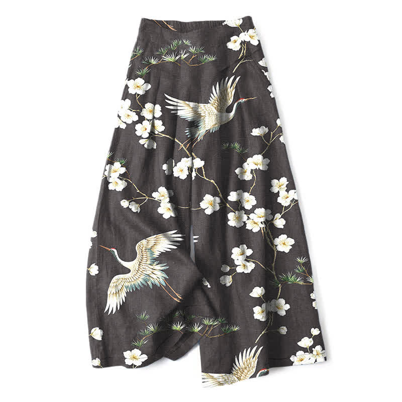 Nimara Ritual Cotton Linen Crane Floral Pattern Women's Elastic Waist Wide Leg Pants With Pockets