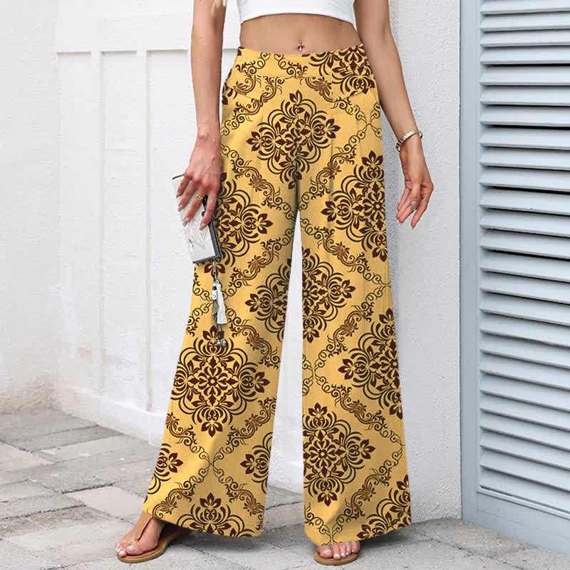 Nimara Ritual Cotton Linen Baroque Floral Pattern Women's Elastic Waist Wide Leg Pants With Pockets