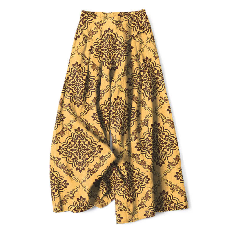 Nimara Ritual Cotton Linen Baroque Floral Pattern Women's Elastic Waist Wide Leg Pants With Pockets