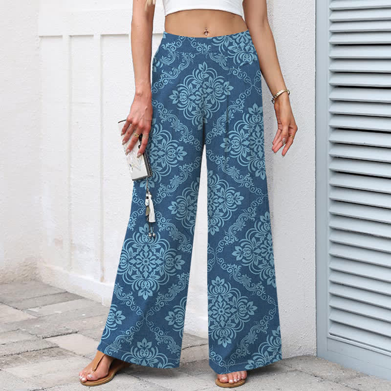Nimara Ritual Cotton Linen Baroque Floral Pattern Women's Elastic Waist Wide Leg Pants With Pockets