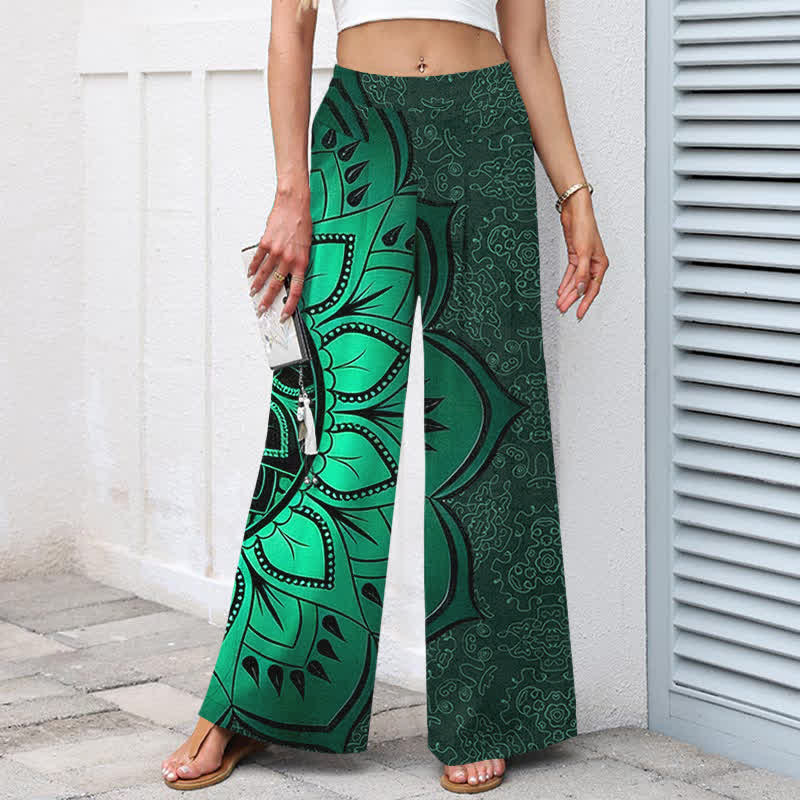 Nimara Ritual Cotton Linen Mandala Pattern Women's Elastic Waist Wide Leg Pants With Pockets