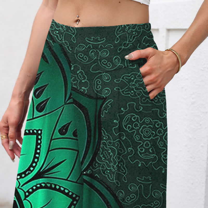 Nimara Ritual Cotton Linen Mandala Pattern Women's Elastic Waist Wide Leg Pants With Pockets