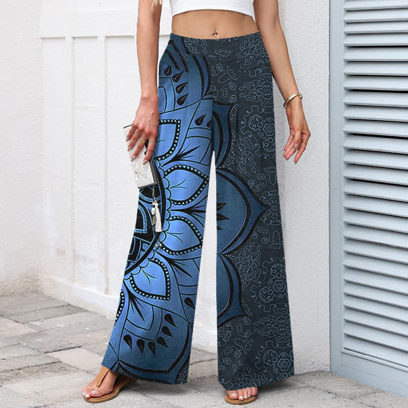 Nimara Ritual Cotton Linen Mandala Pattern Women's Elastic Waist Wide Leg Pants With Pockets
