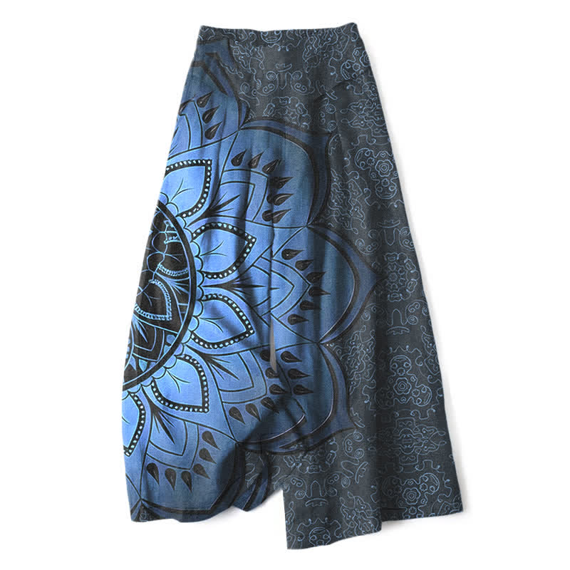 Nimara Ritual Cotton Linen Mandala Pattern Women's Elastic Waist Wide Leg Pants With Pockets
