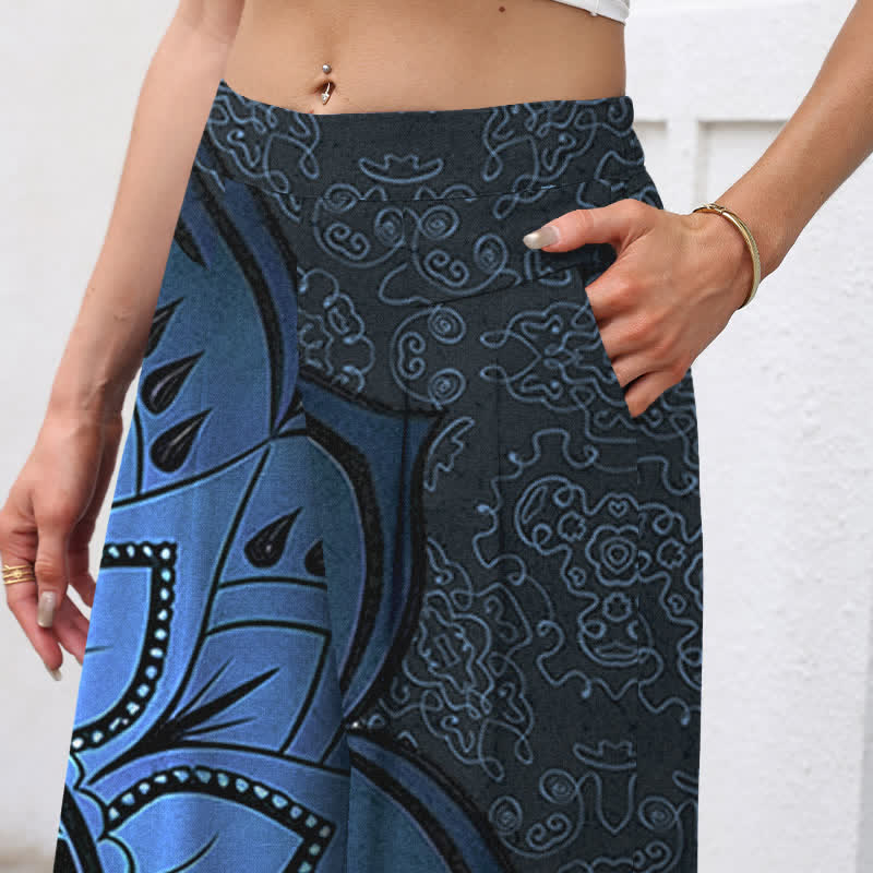 Nimara Ritual Cotton Linen Mandala Pattern Women's Elastic Waist Wide Leg Pants With Pockets